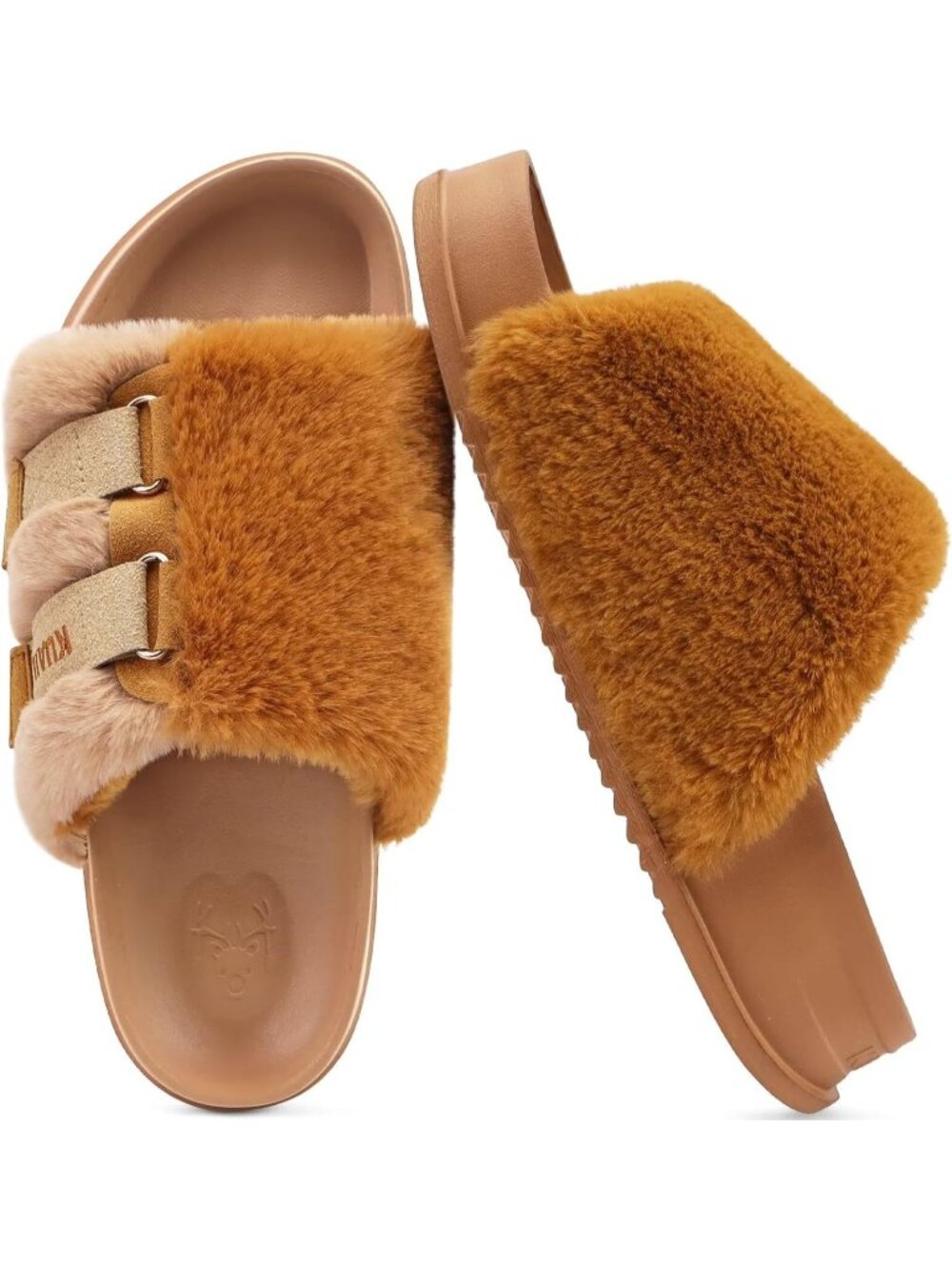 Women's Camel Soft Cushioned & Adjustable Fuzzy Faux Fur Home Slippers Slides